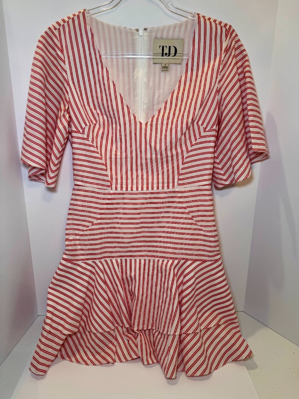 TJD Red White Stripe Ruffle Hem Mini Dress Flutter Sleeve Women’s Size S